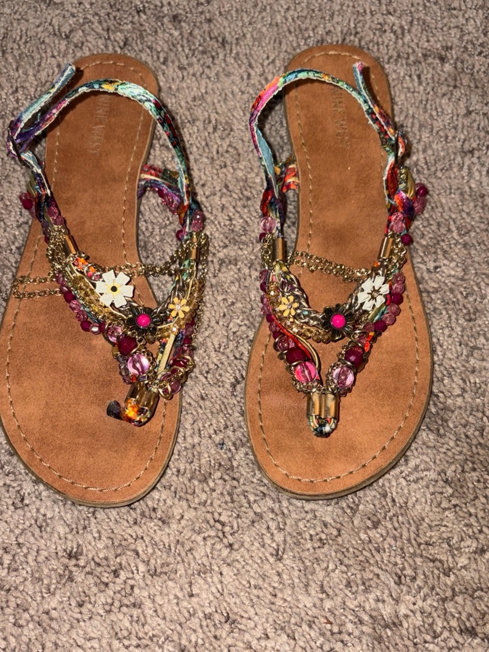 Nine West Multicolor Beaded Floral T-Strap Sandals - Tan Footbed